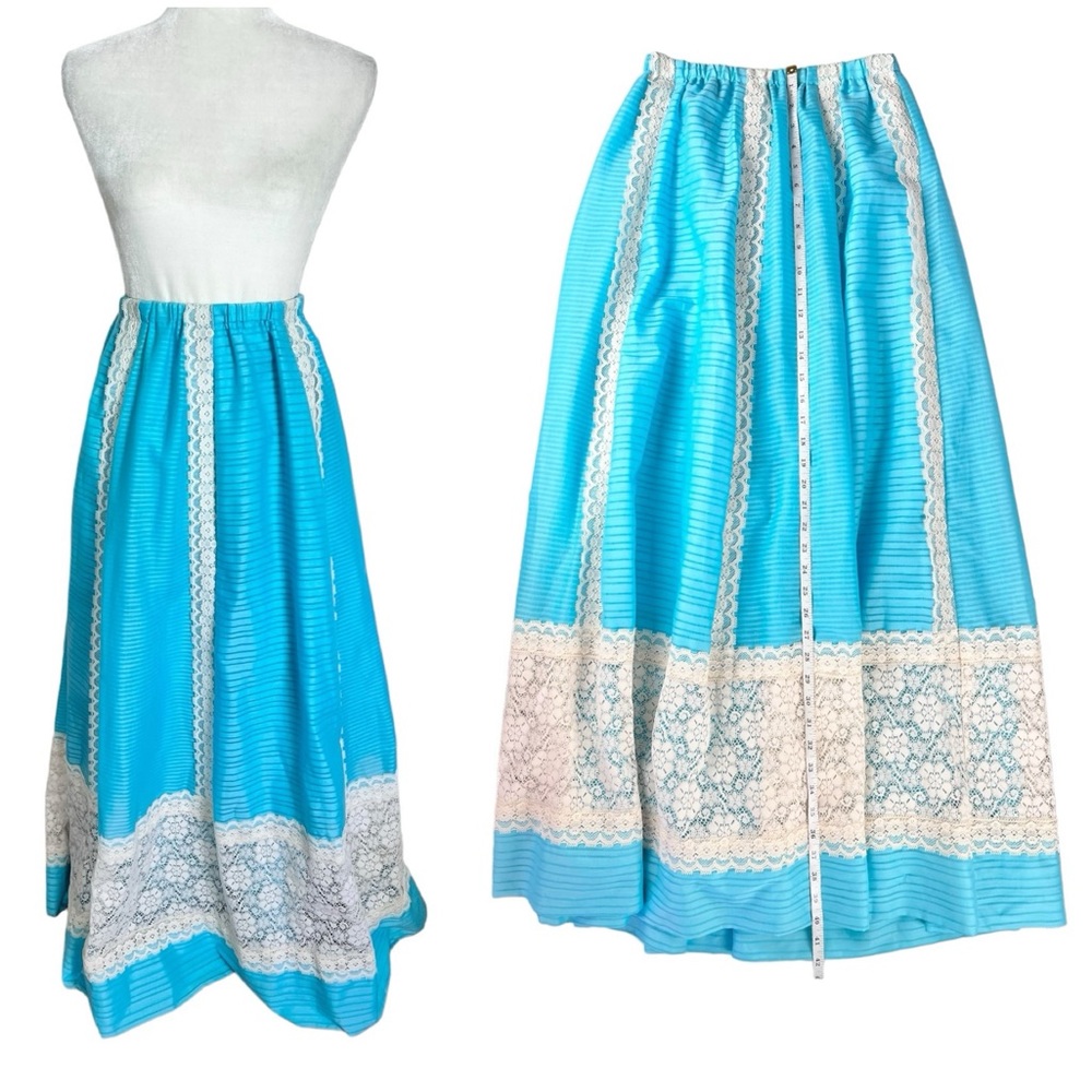 Vintage 70s Carefree Fashions of Scottsdale Full length Maxi Skirt Blue and Lace